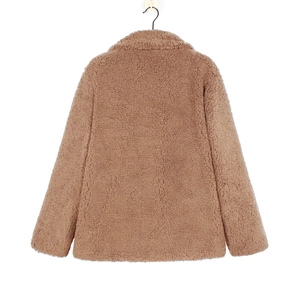 Detailed back view of brown faux shearling jacket showing soft curly texture