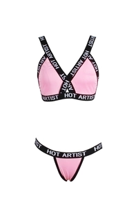Detail of pink two-piece lingerie set with HOT ARTIST elastic straps and thong