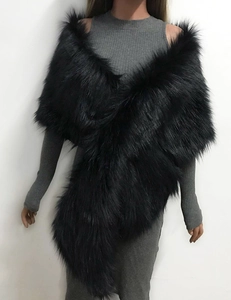 Elegant black faux fur shawl wrap for women showing fluffy texture and long hair detail