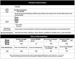 Detailed size guide for faux fur shawl P0188 showing 100cm length and materials