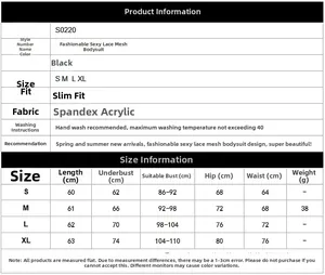 Size guide for lace bodysuit with detailed chest, waist, and hip measurements in cm