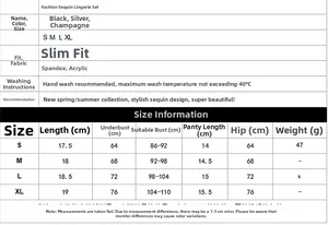 Detailed size chart for the sequin lingerie set including measurements for S to XL