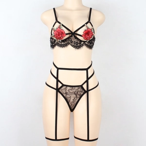 Détail de la broderie rose rouge sur le soutien-gorge en dentelle noire et la lingerie