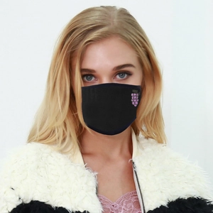 Detail of black breathable cotton face mask with purple rhinestone grape embroidery