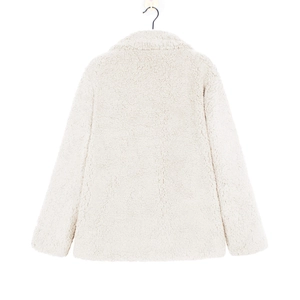 Back view of thick faux shearling winter jacket in creamy white with lapel collar
