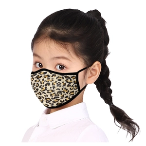 Detail of breathable leopard print mask for children with comfortable black ear loops
