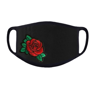 Detail of red rose embroidery on a breathable black fabric mask for sun protection