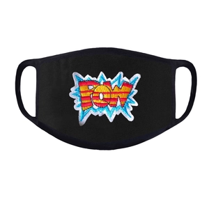 Detail of black cotton face mask featuring colorful POW! comic style embroidered patch