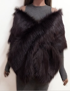 Detailed close-up of dark brown faux fur shawl with rich plush texture and elegant V-shape wrap