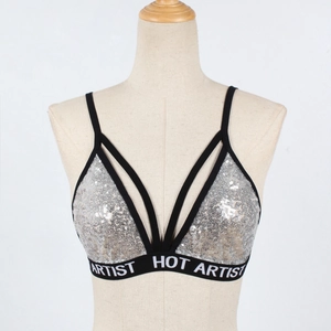 Detailed view of silver sequin bralette with multi-strap design and Hot Artist band