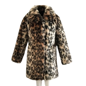 Women's leopard print faux fur coat with large lapel collar and mid-length winter design
