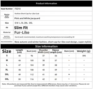 Detailed size chart for faux fur hooded jacket showing measurements from S to 3XL