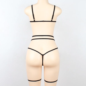 Vue arrière détaillée d'un ensemble de lingerie en dentelle noire avec harnais