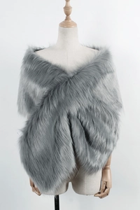 Close-up of grey faux fur bridal shawl showing soft long plush texture and elegant wrap style
