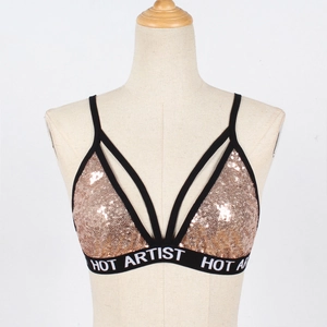 Close-up of rose gold sequin crop top with Hot Artist elastic band and cross straps