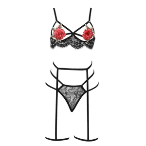 Détails d'un ensemble de lingerie en dentelle noire avec broderie de rose rouge