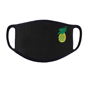 Detailed close-up of pineapple embroidery on a black breathable mesh face mask