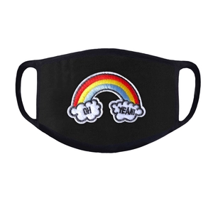 Detail of black fabric face mask featuring colorful rainbow and cloud embroidery