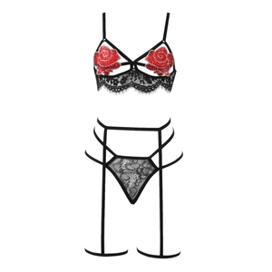 Détail d'un ensemble de lingerie en dentelle noire avec roses rouges pailletées
