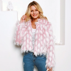 Detail of pink and white faux fur jacket featuring flame patterns and a short cropped fit
