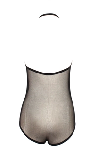 Detailed view of sheer black mesh bodysuit with halter neck and backless design