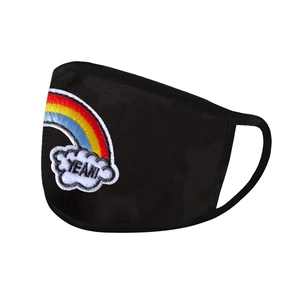 Close-up of rainbow and YEAH! embroidery on a breathable black fabric face mask