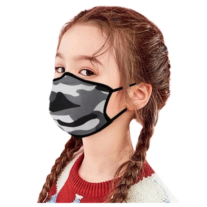 Detail view of 3D breathable kids face mask with grey camouflage pattern and ear loops