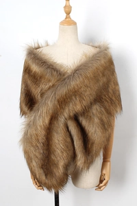 Detailed close-up of brown faux fur texture on a plush bridal shawl and winter stole