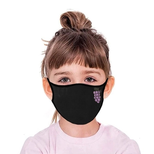 Close-up of kids breathable black mask with purple grape embroidery detail