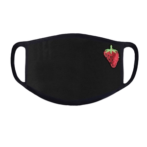 Close-up of black cotton breathable mask featuring high-quality strawberry embroidery detail