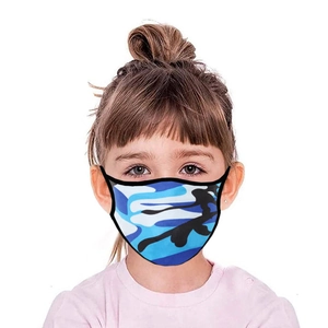 Breathable blue camouflage kids face mask with AK-47 silhouettes in macro detail