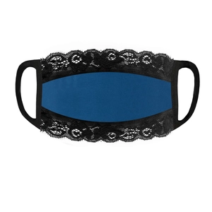 Detailed view of breathable lace face mask with navy blue fabric and black floral trim