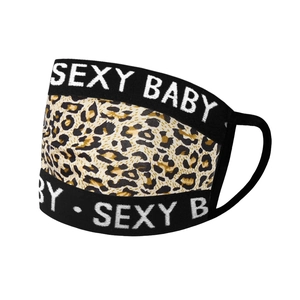 Vue détaillée du masque léopard avec sangles élastiques noires lettrées Sexy Baby