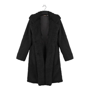 Detail view of the notch lapel and soft teddy fleece texture on this black winter coat