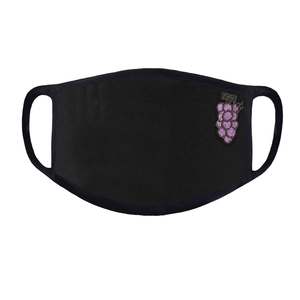Close-up of black breathable fabric mask featuring a detailed purple grape embroidery
