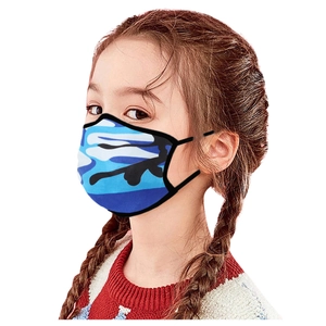 Washable breathable fabric face mask for children with blue camo print and black trim