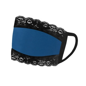 Detailed side view of navy blue lace face mask with breathable fabric and black ear loops