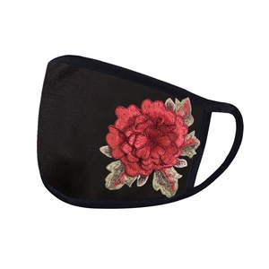 Washable black fabric face mask with red peony embroidery for sun and dust protection