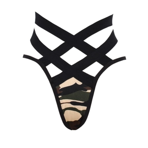 Bas de bikini camouflage à taille haute avec de multiples lanières découpées sur fond blanc