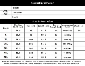 Detailed size chart for lace cardigan H0017 with measurements from M to 5XL sizes