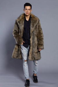 Brauner Herren Kunstpelzmantel mit Reverskragen in eleganter Langform für Winter