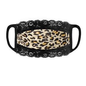 Close-up of leopard print face mask with delicate black lace trim and elastic ear loops