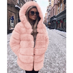 Detail of pink hooded faux fur coat with horizontal striped stitching and soft texture