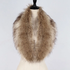 Detailed view of fluffy faux fur collar shawl with a brown gradient on a mannequin