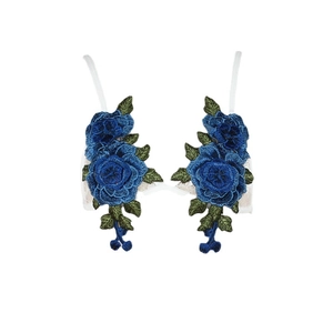 White lace lingerie bra with large blue rose embroidery and green leaf accents