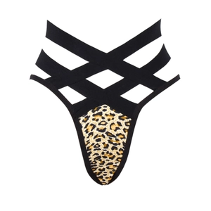 Détail de culotte léopard à taille haute avec des sangles élastiques croisées