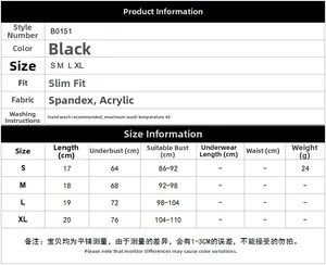 Detailed size chart for lace top B0151 in black showing S to XL measurements and materials