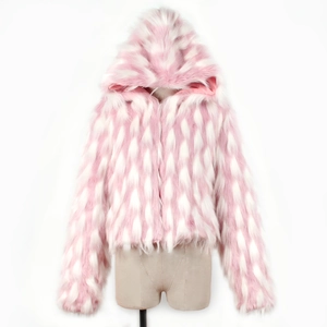 Detail of pink and white faux fur texture on hooded jacket with satin lining