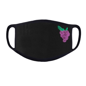 Detail shot of black breathable mask with exquisite purple grape embroidery and soft texture