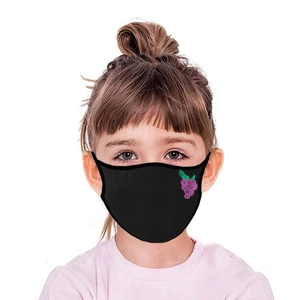 Close-up of black breathable cotton face mask for kids with grape embroidery detail